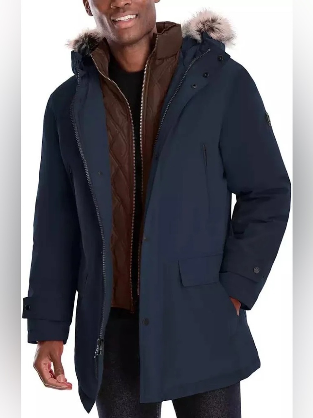 Michael Kors Men's Hooded Bib Snorkel Parka Coat Navy Large